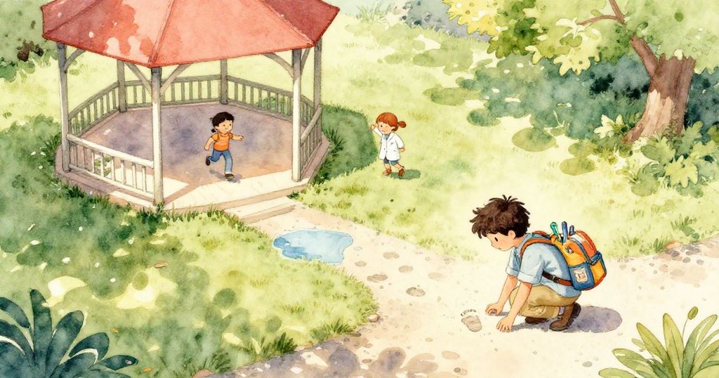 懷亞特科學家低頭觀察鵝卵石上的靴印，旁邊孩子跳躍玩耍，露天涼亭和草坪構成明亮場景。