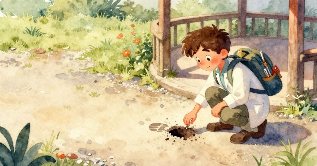 懷亞特伸手仔細查看鵝卵石上濕潤的靴印，水珠反射出柔和光芒，展現細膩紋理。