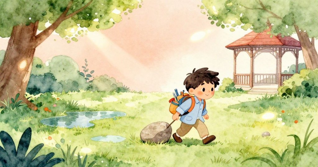 懷亞特用力拖動擺石，前景突顯石塊，背後露天涼亭和水塘交疊，孩子們隱約可見。