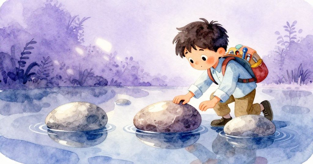 懷亞特以超現實構圖擺放三塊石頭，水面反射出燈光和紋理，呈現奇幻視角和精心佈局。