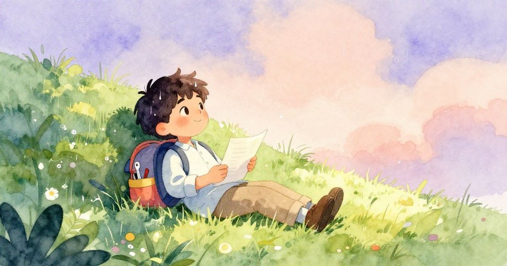 懷亞特坐於草地上休息，筆記本在腿邊記錄經歷，溫暖陽光與微雨交織，臉上露出淡淡安慰笑意。