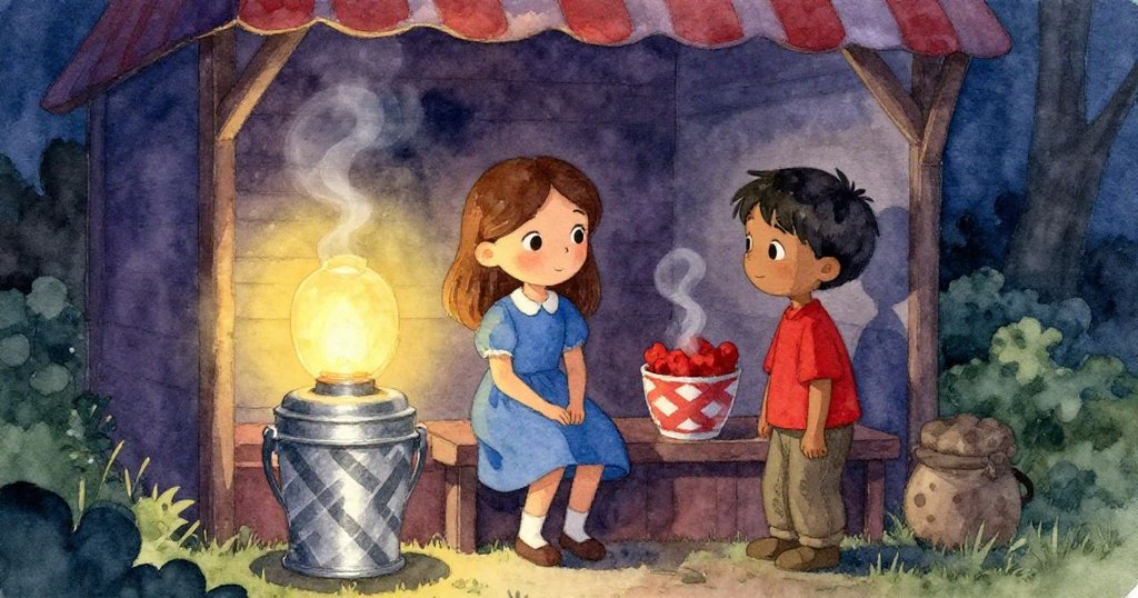 Kay與Trent在溫暖攤位前，Kay仔細觀察勺盤花紋，Trent靜賞微光，桌上蒸汽輕繞，氣氛寧靜祥和。