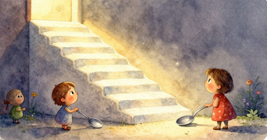 Kay注視的勺盤特寫，展現對角空缺與僅存勺子，細節精緻流露短暫美好，光影柔和。