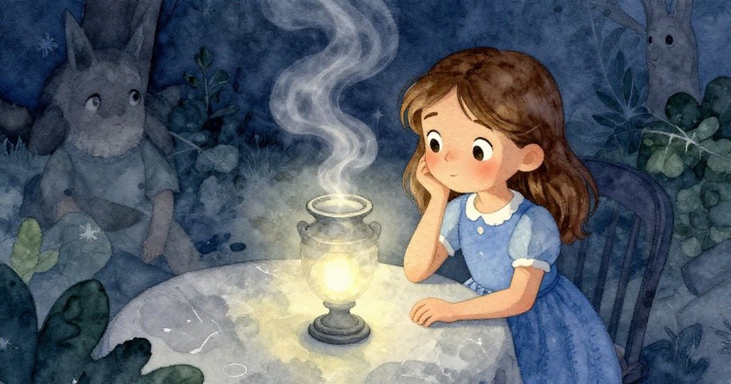 Kay從高處俯視桌上漸涼水溫的火爐，輕挑眉毛顯露驚奇與思索，場景安靜而充滿情感。