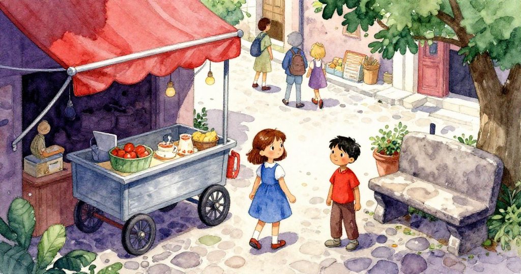 從高處俯瞰古石板街道，Kay與Trent靠近石椅謹慎後退，貨車疾馳而過，攤販忙調貨箱，畫面充滿動感與都市氣息。