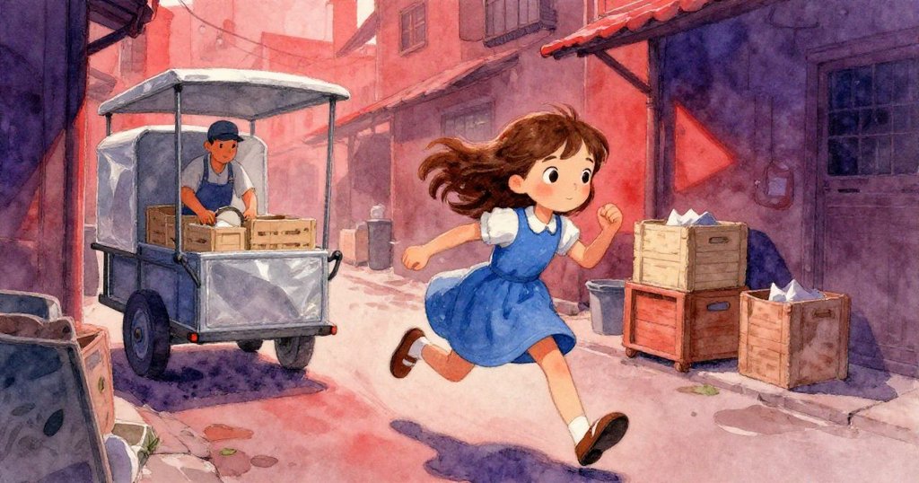 Kay急速奔跑穿越狹窄街道，臉上流露決心，背景攤販調整貨箱與飛馳貨車，整體氛圍緊湊急促。