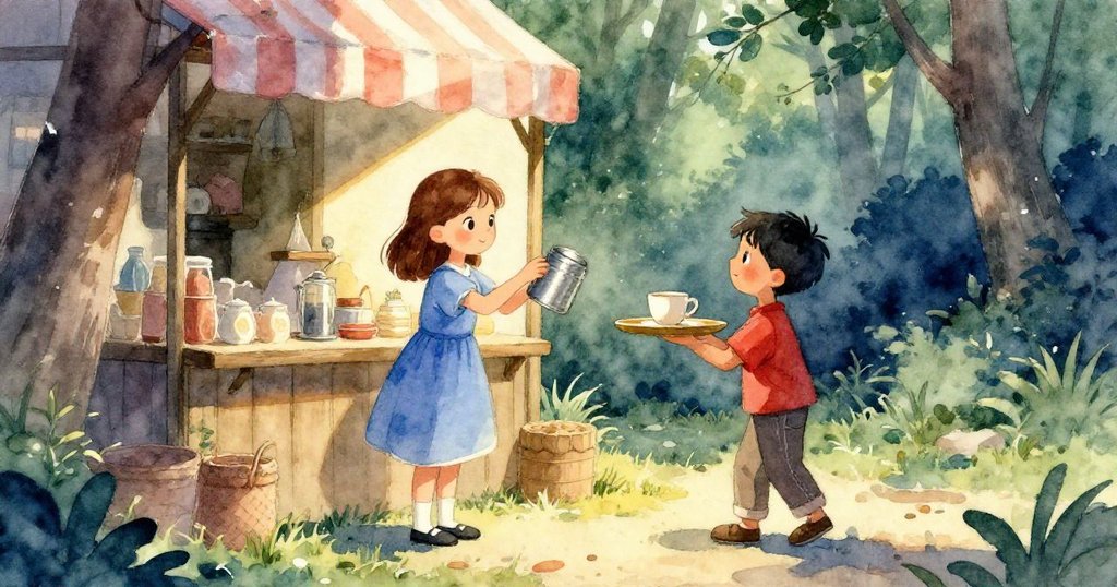 攤位上Kay溫柔舉起勺盤，Trent穩托杯子，陽光灑落桌上，畫面寧靜溫馨，展現對美好時刻的靜靜等待。