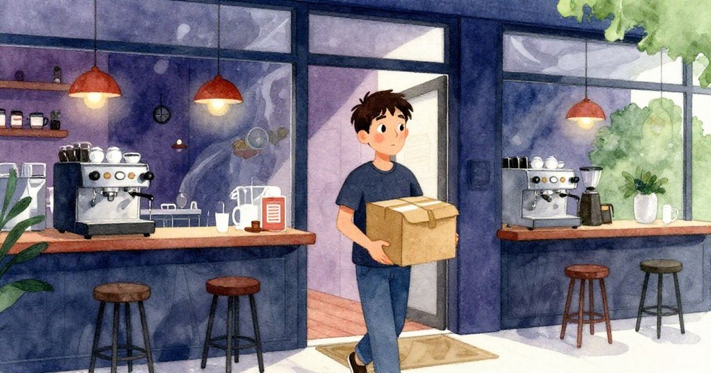 Sam 穿著休閒衣物進入咖啡店，表情堅定，背景呈現午夜藍與深紫色調的都市溫暖早晨。