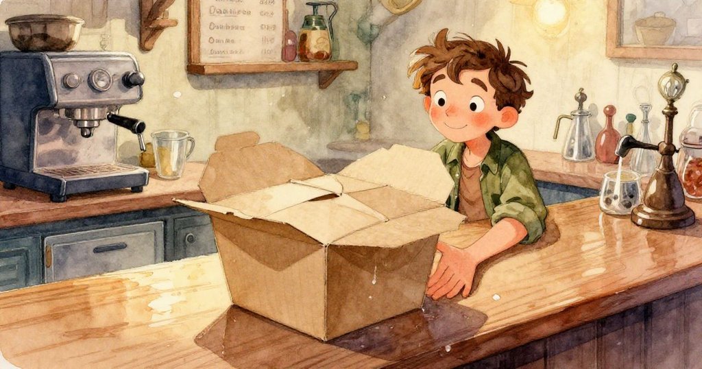 Sam 的手仔細整理濕滑紙盒上重疊的餐巾，托起點綴著精緻糖鳥的檸檬塔，細節清晰溫馨。