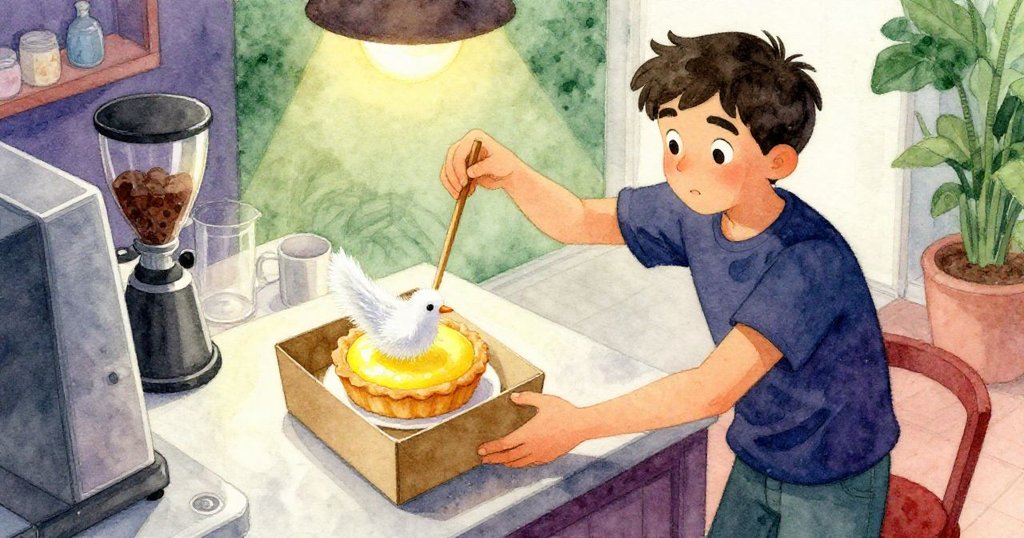 從高處俯瞰，Sam 在櫃檯上專注使用木製攪拌棒穩固紙盒，臉上顯露出輕微擔憂。