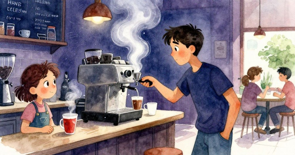 Sam 充滿好奇中動態觀察咖啡機散發出纏繞的涼霧，霧氣與櫃檯物品交織出動感畫面。