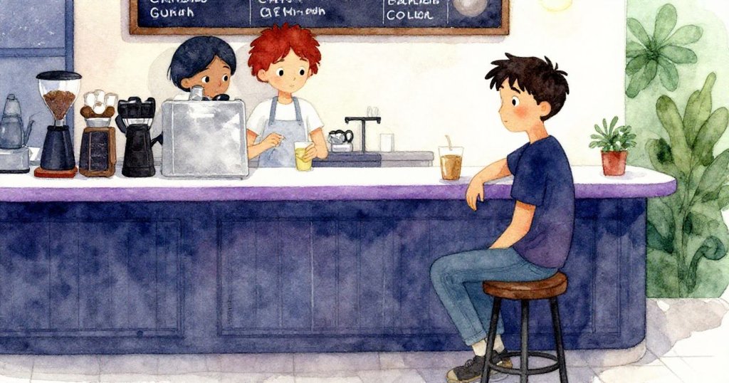 Sam 坐回高腳椅上神情放鬆，咖啡店櫃檯上留有淡紫色痕跡，整體氣氛寧靜安和。