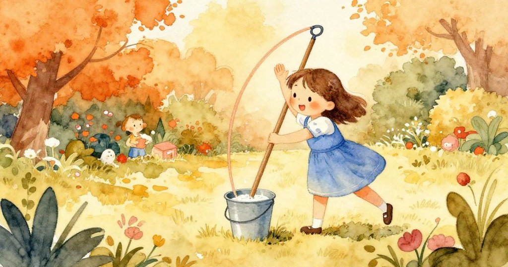 Bea在陽光花園中以傾斜視角將衣架浸入乳狀液體桶中，動作大膽且專注，故事剛開始展開。