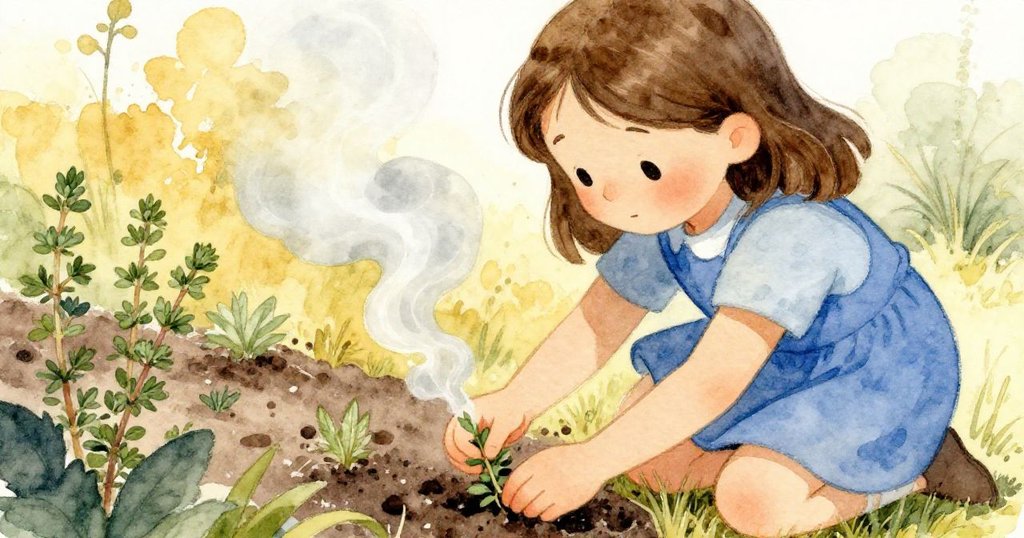 Bea彎腰在花園角落除草，細心壓碎百里香葉，釋放出微妙蒸氣，臉上寫滿專注與回憶，情節更進一步。