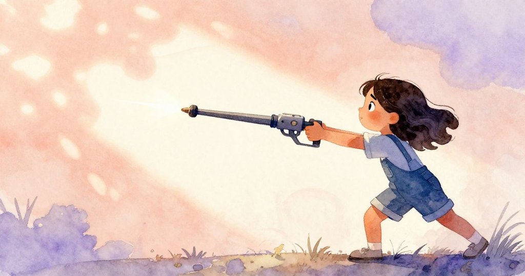 Cora展現英勇動作，在明亮晨光下投出機械陀螺，輪廓分明背景充滿溫暖光線與細膩影子。