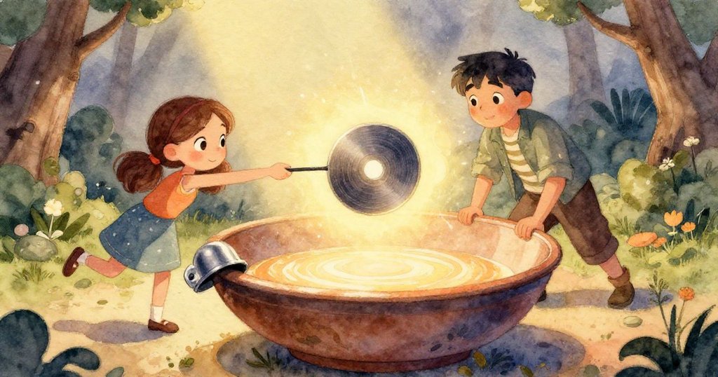 Cora與陀螺呈現扭曲視角，陀螺輕微偏斜快速旋轉，背景光線奇幻，呈現動感愉悅氛圍。