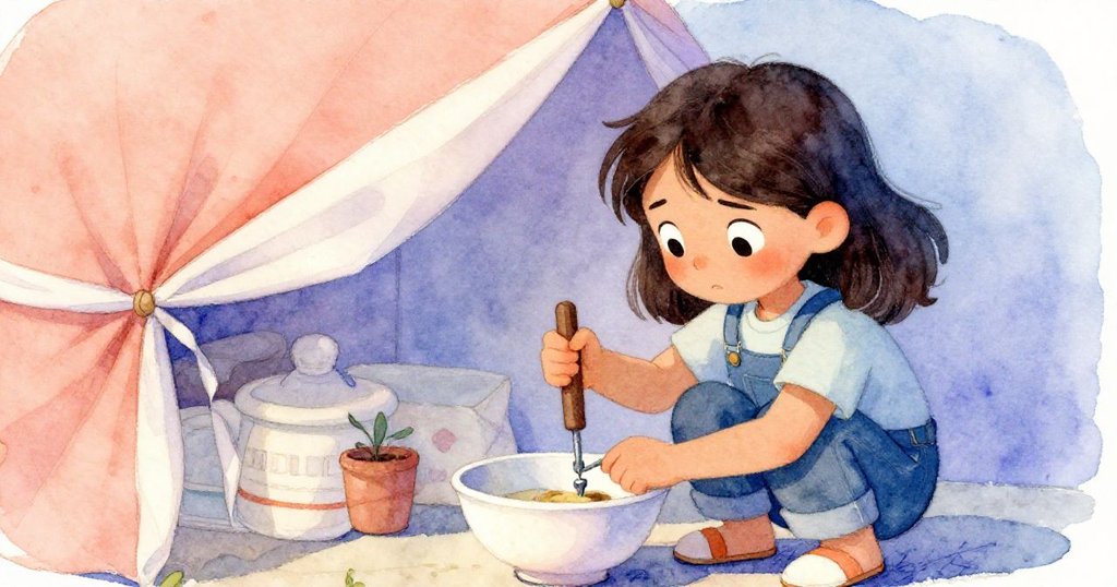 Cora蹲在碗邊，專注調整螺絲並展開餐巾遮蔽陽光，細節動作明快展示技術與情感交織。