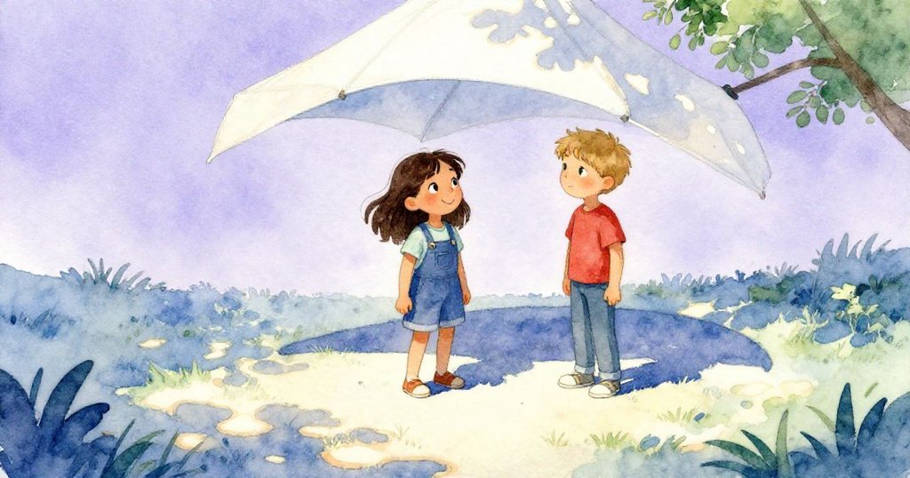 Cora與Keane分列場景，陀螺在遮陽布下穩定旋轉，溫柔光影中展現落幕滿足與平靜觀望。