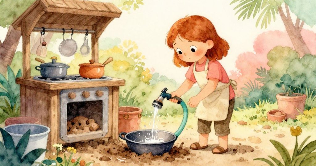 Inez在戶外泥廚中注視水滴落入凹痕鐵鍋，背景木板與暖陽營造靜謐氛圍，神情專注溫暖。