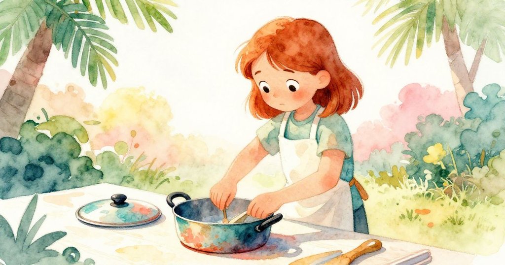 Inez將凹痕鐵鍋與小蓋仔細排列在粗糙工作臺上，手部動作細緻，陽光輕灑呈現藍粉交錯光影。