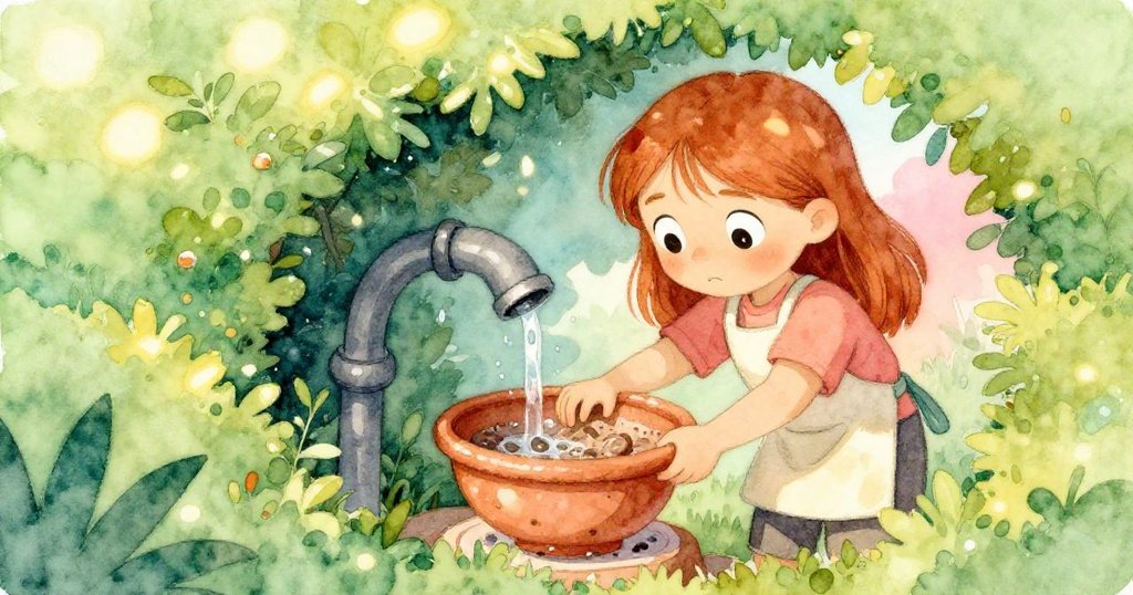 透過樹籬間隙可見Inez清理堵塞的篩網，特寫她專注表情與水珠，光影斑駁自然生動。