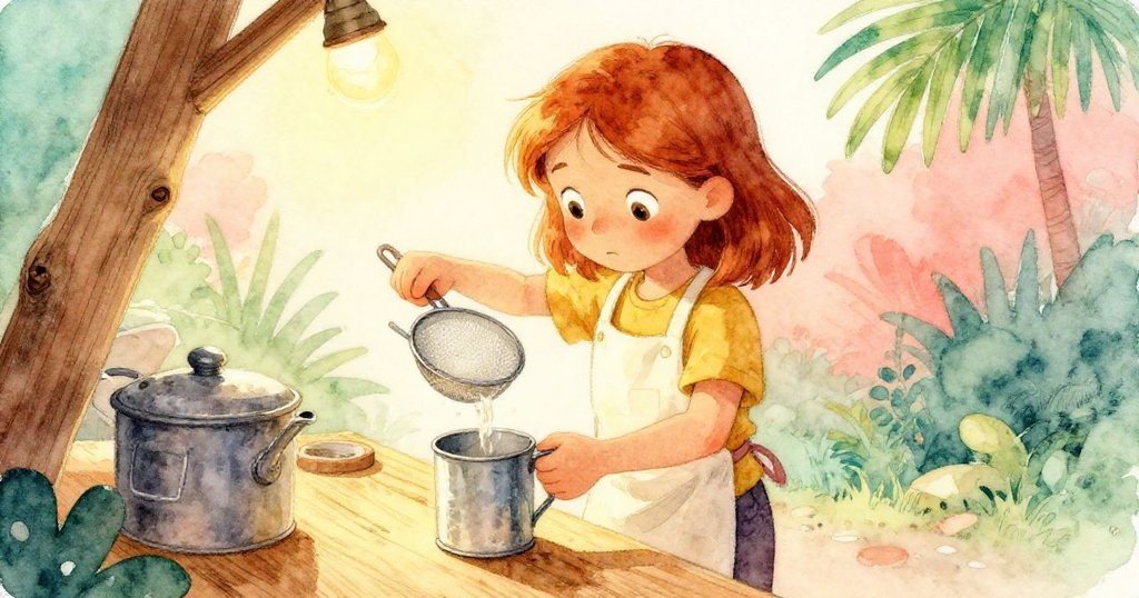 Inez專注操作篩網讓水注入鐵杯中，柔和光線映照時間流逝，環境與她專心態度清晰呈現。