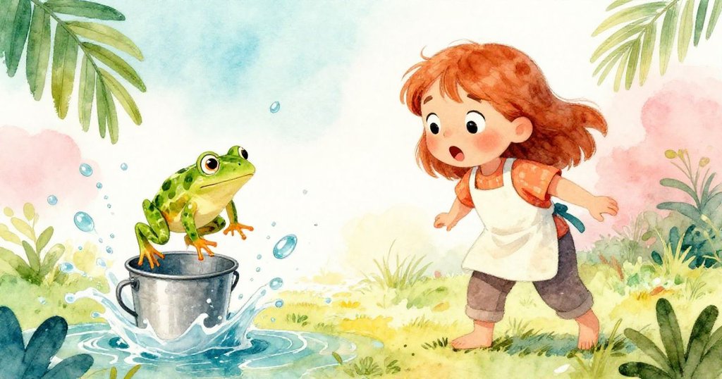 一隻小青蛙自水桶中跳出引起濺水，Inez驚訝中迅速穩住鐵杯，瞬間動作與水花特寫生動呈現。