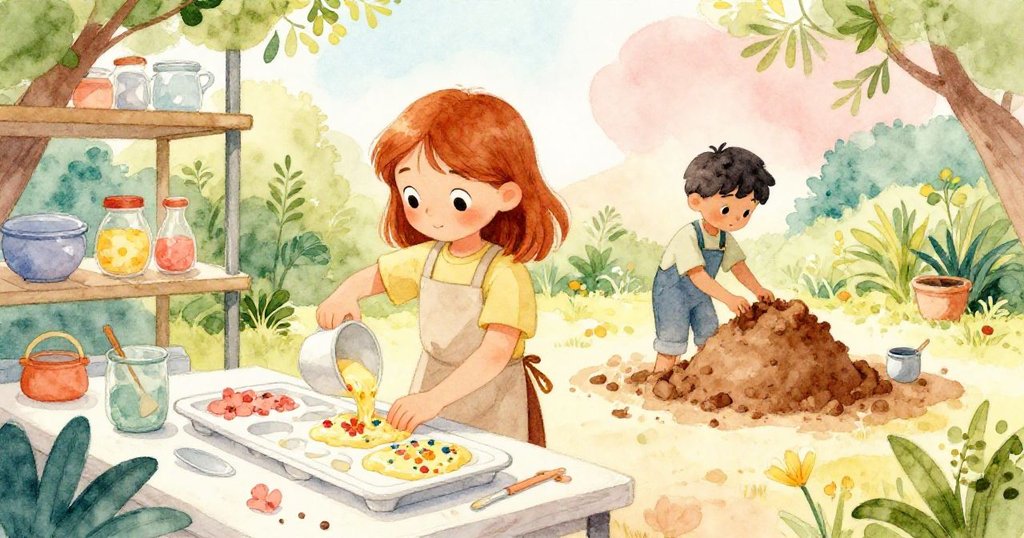 Inez將花瓣點綴的麵糊倒入模具，遠處York攪拌泥土塑造造型，柔光營造靜謐成就感。