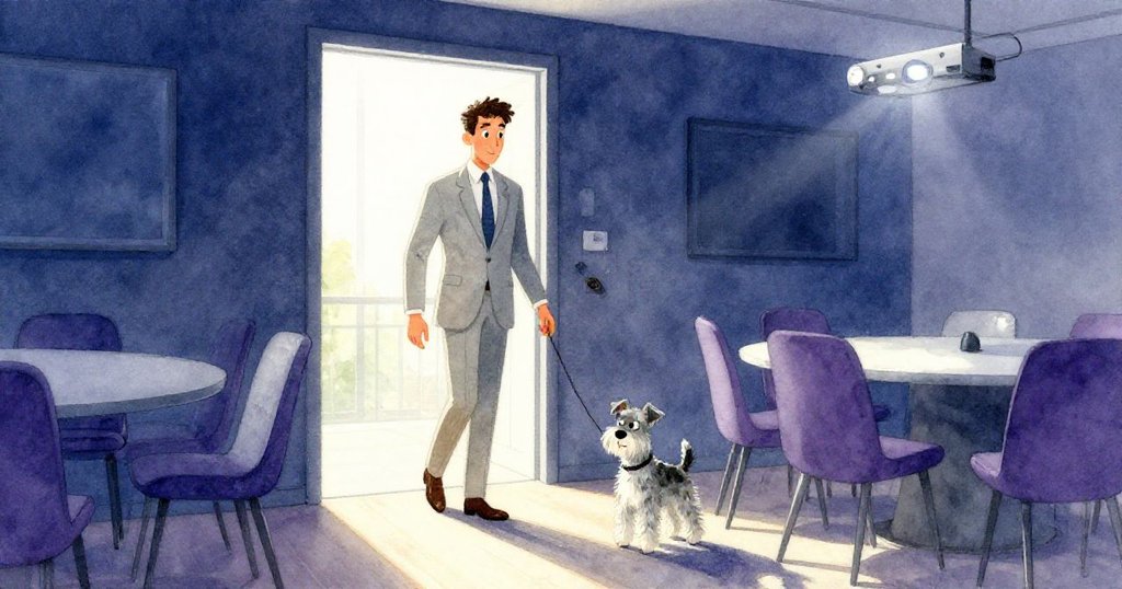 Emmet走進布滿柔光的會議室,他的灰斑小狗活潑跟隨,環境中透露著期待與安詳。