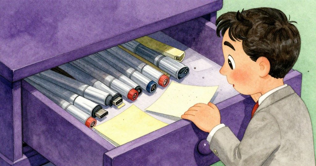 Emmet專注地在抽屜中搜尋遺失的轉接頭,抽屜內散亂著便條、筆記和破損配件,灰塵在燈光下閃爍。