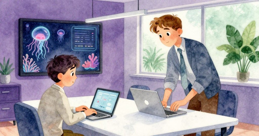 Emmet與Felix在磨砂桌上並排擺放筆記本,共享分配器呈現數位海洋與珊瑚景象,場面充滿創新與奇幻意境。