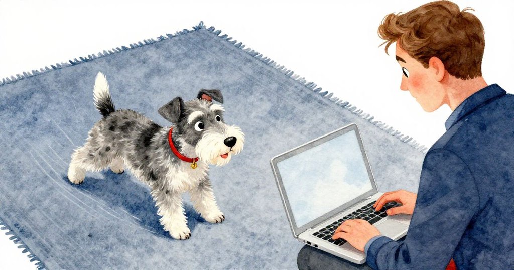 活潑的小狗在藍灰地毯上嬉戲遊走,Felix目光專注於筆記本屏幕,動態與靜謐間流露出奇妙互動的情調。