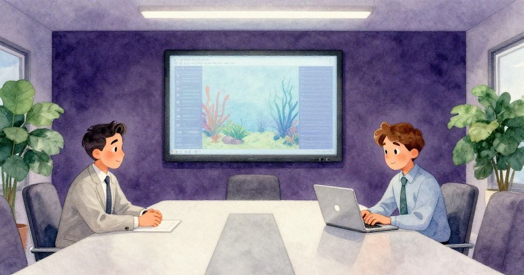 Emmet與Felix在平靜會議室中輕鬆歎息,銀色屏幕淡出海上視界,房間洋溢著平和與成功的數位低語。