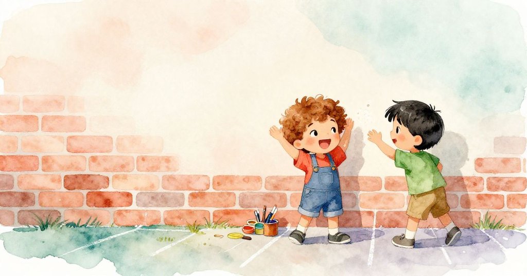 在寬闊的戶外空間中,Theo與Bram忙著準備顏料和工具,背景呈現柔和桃色與米白色,充滿期待與活力。