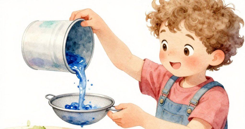 Theo正專注地操作著油漿,輕輕傾倒藍色顏料入濾網,手部動作細膩且充滿創意與期待。