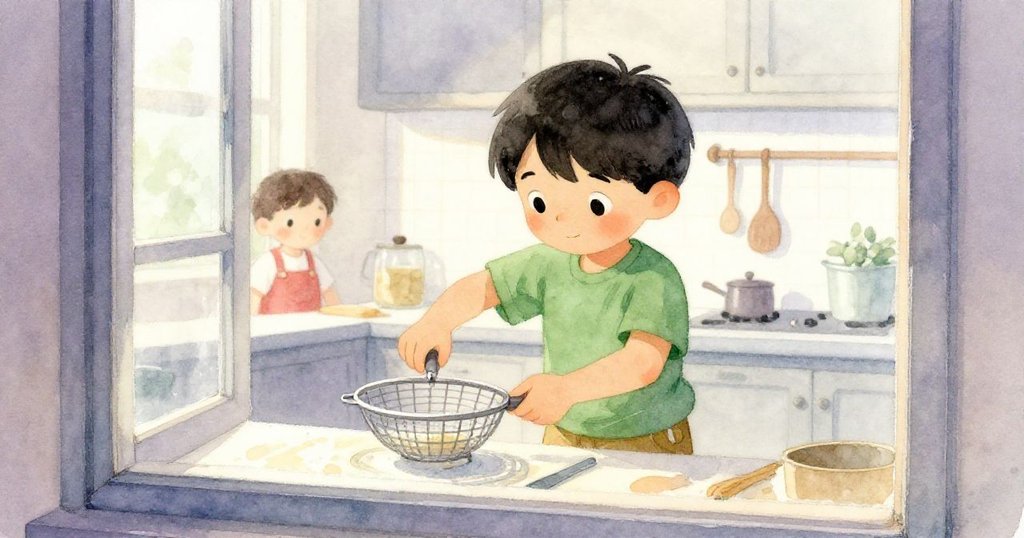 透過廚房窗戶望去,Bram正專心調整濾網,背景中Theo忙於作畫,溫柔晨光透出室內外交融氣息。