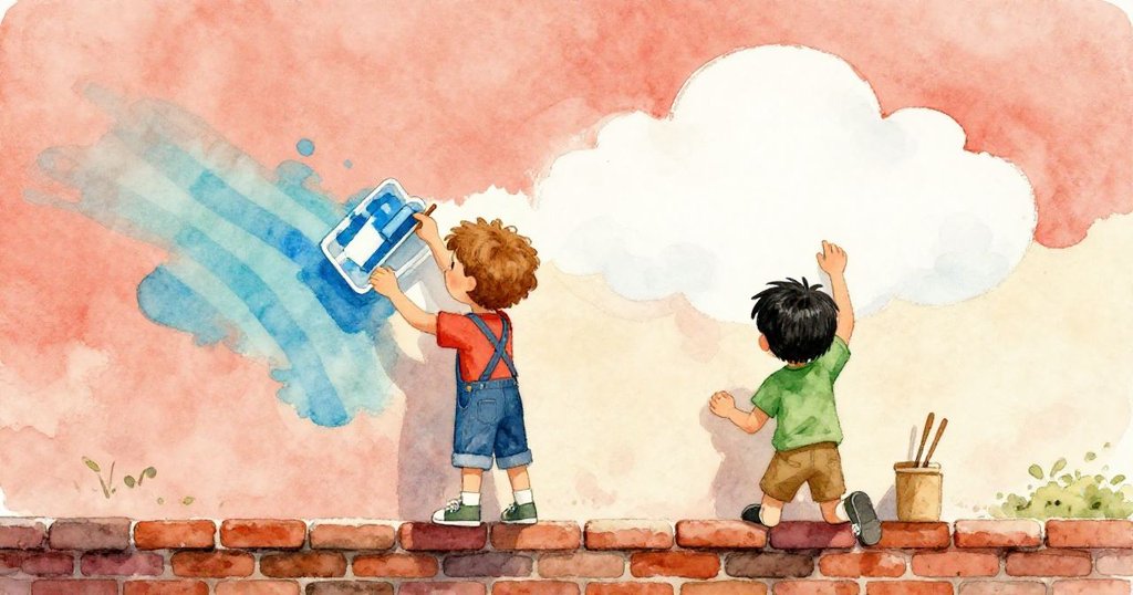 從高處俯視,Theo與Bram忙於作畫,Theo滾動藍色條紋,Bram細心調整雲狀線條,畫面充滿動態與溫馨感。