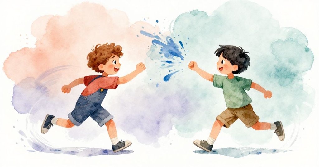 Theo與Bram肩並肩作畫,動態畫面中藍色顏料飛濺出軌跡,兩人交換位置,展現合作與活力。