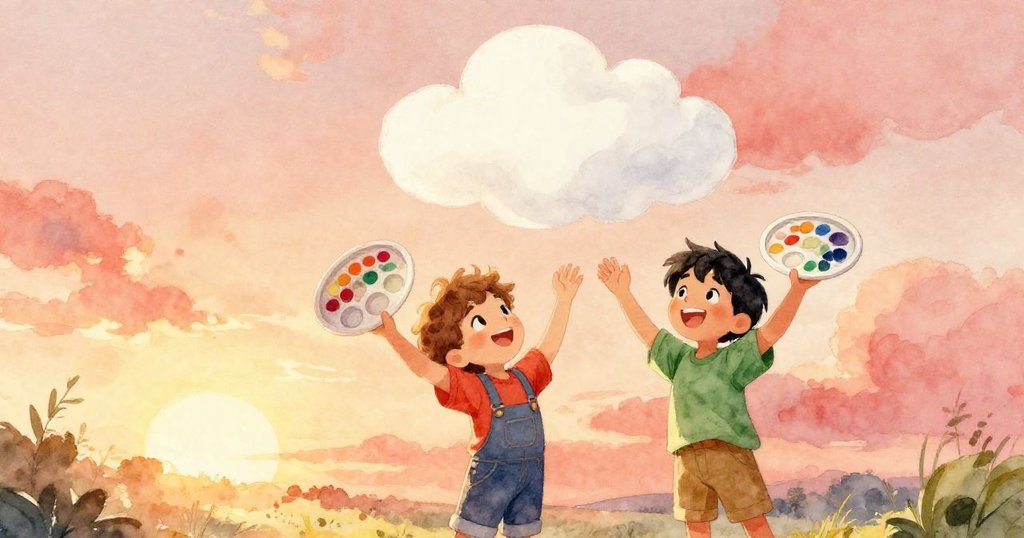 夕陽餘暉映照下,Theo與Bram舉著滿載顏料的托盤欣賞完成的藍天下流動雲朵,滿臉幸福與驚喜。