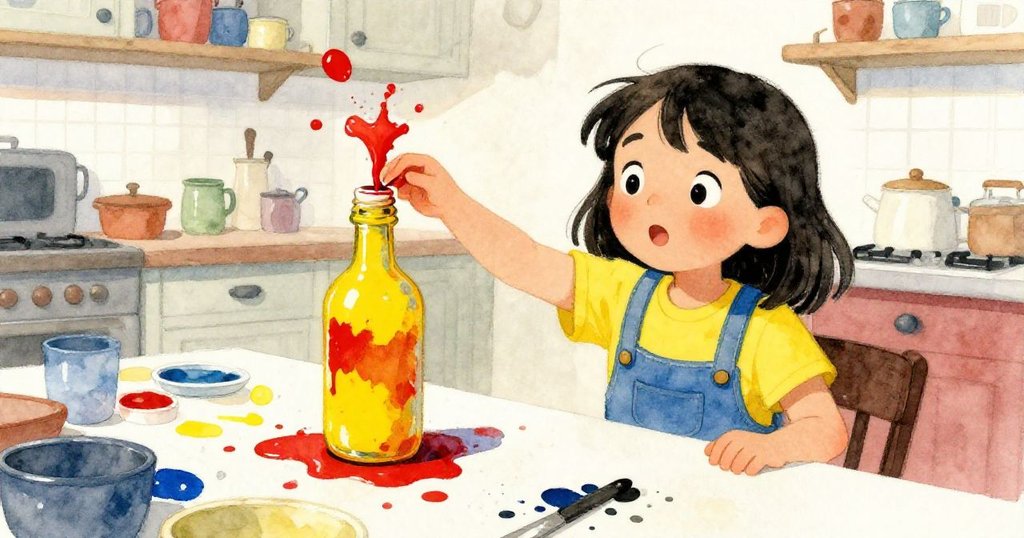 Ada在溫暖的廚房中好奇地伸手去拿陳舊的黃色瓶子,瓶蓋彈開,濃稠的顏料灑出,場景充滿創意與期待。