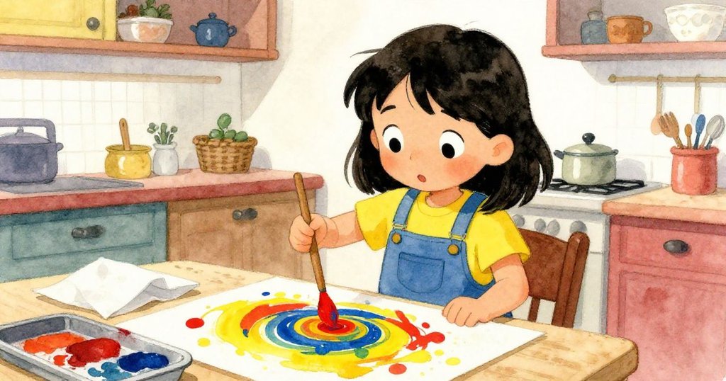 Ada在工藝桌前用柔軟的小棒攪拌顏料,旁邊捲曲的報紙與托盤交織出歷史痕跡,場景充滿溫暖細節。