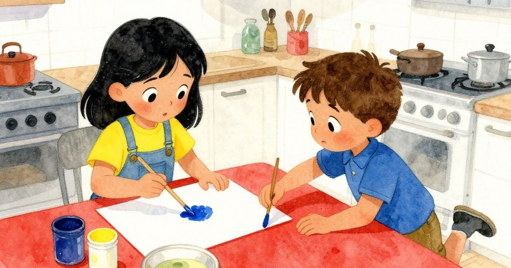 從高角度俯視,Rafael專心用新木棒舀取藍色顏料,Ada聚精會神地觀看,工坊場景層次分明充滿創意。