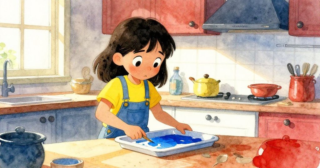 時間流逝中,Ada輕柔地傾斜托盤轉移藍色顏料,廚房光線從晨光至午後柔和變化,充滿細膩工藝情懷。