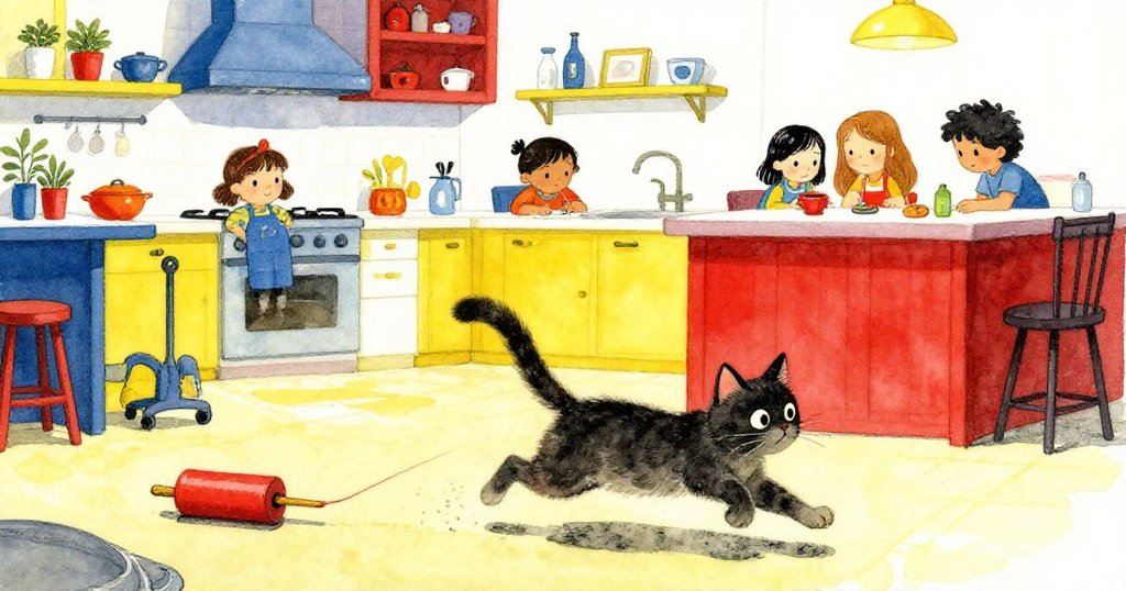 家庭小貓在明亮廚房中追逐滾動的工藝棒,畫面活力十足,同時Ada與Rafael在背景中繼續創作。