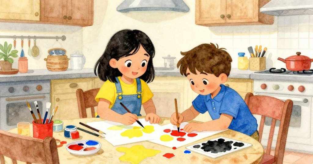 在寧靜全景中,Ada與Rafael在明亮溫馨的廚房中欣賞他們的工藝作品,笑容滿面,環境充滿創意與平和。