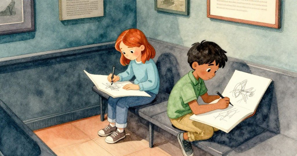 Cora 與 Eli 在傾斜構圖的展覽室中合作使用木炭作畫，臉上充滿專注與期待，光影交錯營造出奇妙氛圍。