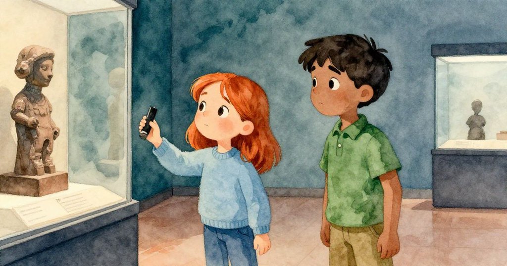 Cora 正仔細觀察手中磨損的木炭，Eli 望向展示櫃中旋轉的雕像，兩者形成溫暖與神秘並存的對比場景。