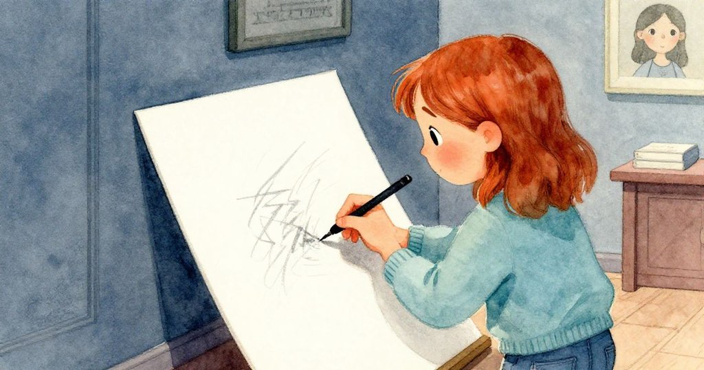 從 Eli 背後角度看見 Cora 專注用木炭在粗糙紙上勾勒細膩線條，光影柔和呈現出藝術創作的瞬間。