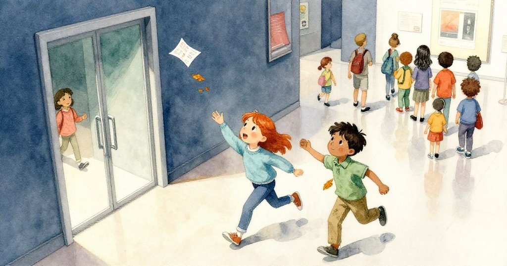 從高處俯瞰展覽大廳，Cora 與 Eli 趕忙撿取飄落的宣傳單，背景中參觀團隊緩緩步入，場景動感溫馨。