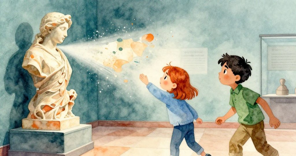 Cora 與 Eli 因冷風吹過驟然見雕像分層紙張紋理變化，馬上調整畫筆展現出連鎖反應般的驚喜與協作。